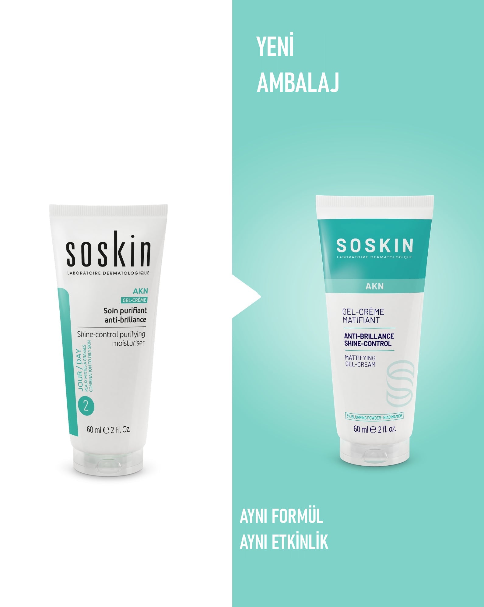 SOSKIN AKN Parlaklık Karşıtı Arındırıcı Nemlendirici 60 ml ürün ambalajı