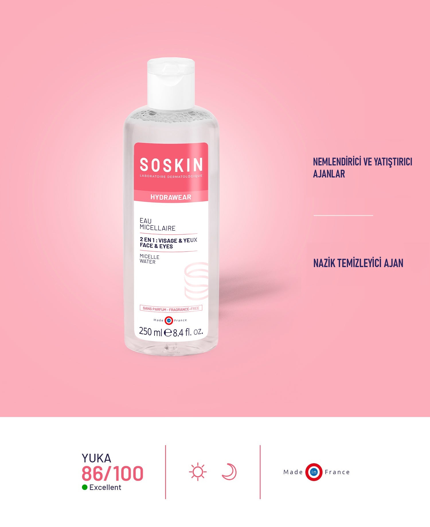 SOSKIN Hydrawear Misel Makyaj Temizleme Suyu 250 ml kullanım ve doku görünümü
