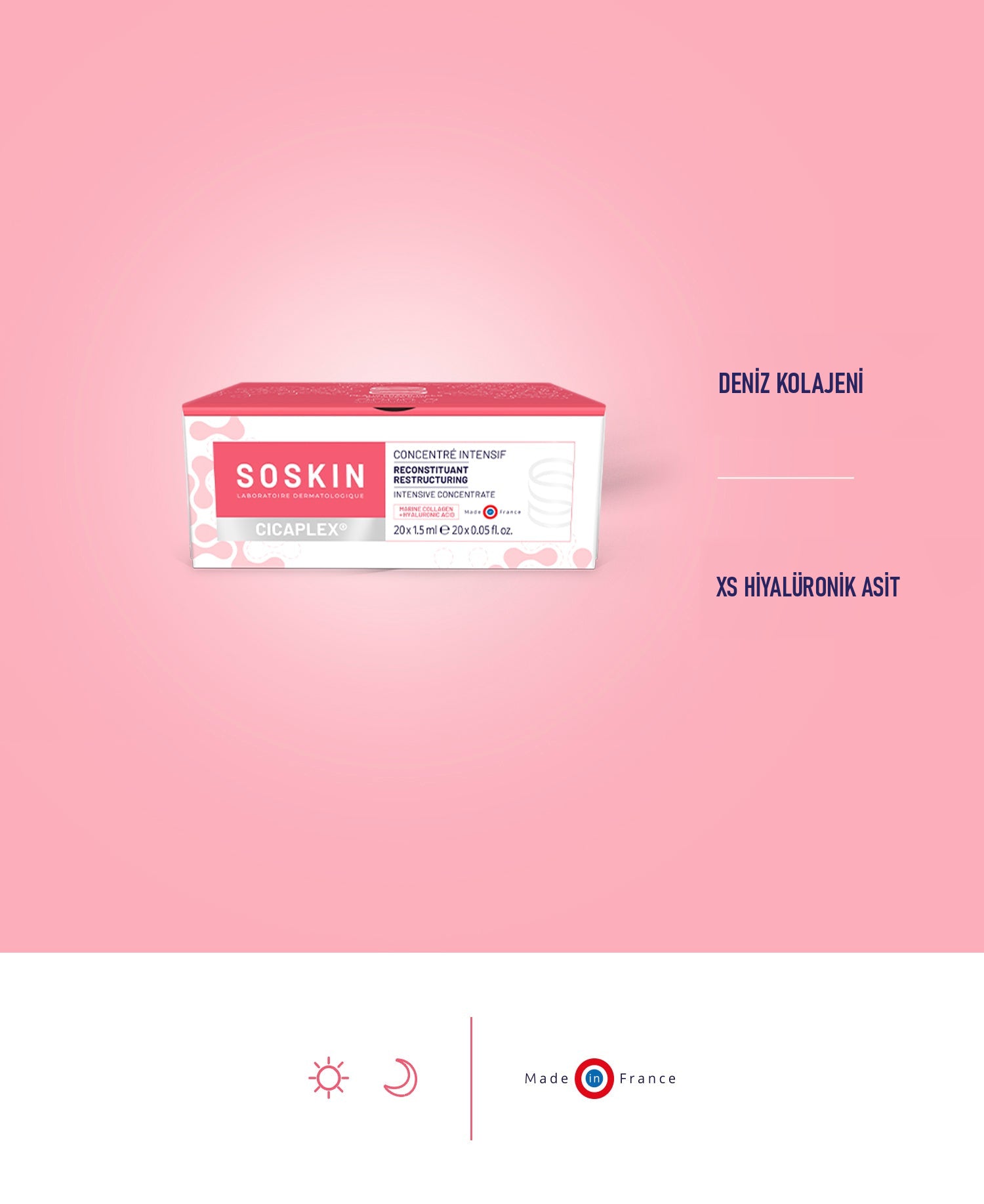 SOSKIN Cicaplex Yoğun Yeniden Yapılandırıcı Konsantre 20x1,5 ml ürün ambalajı