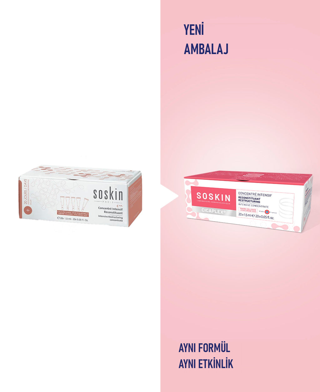 SOSKIN Cicaplex Yoğun Yeniden Yapılandırıcı Konsantre 20x1,5 ml kullanım ve doku görünümü