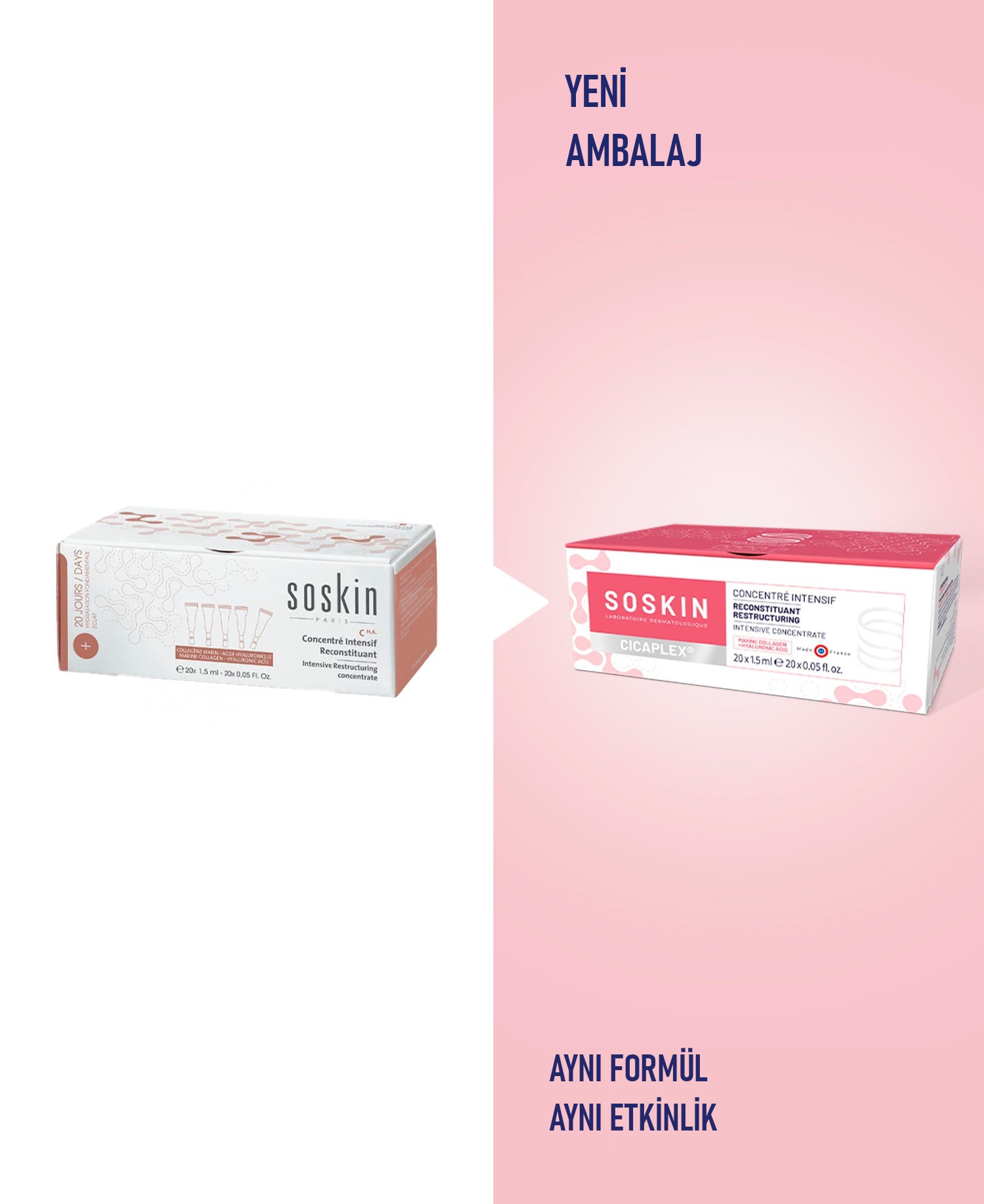 SOSKIN Cicaplex Yoğun Yeniden Yapılandırıcı Konsantre 20x1,5 ml kullanım ve doku görünümü