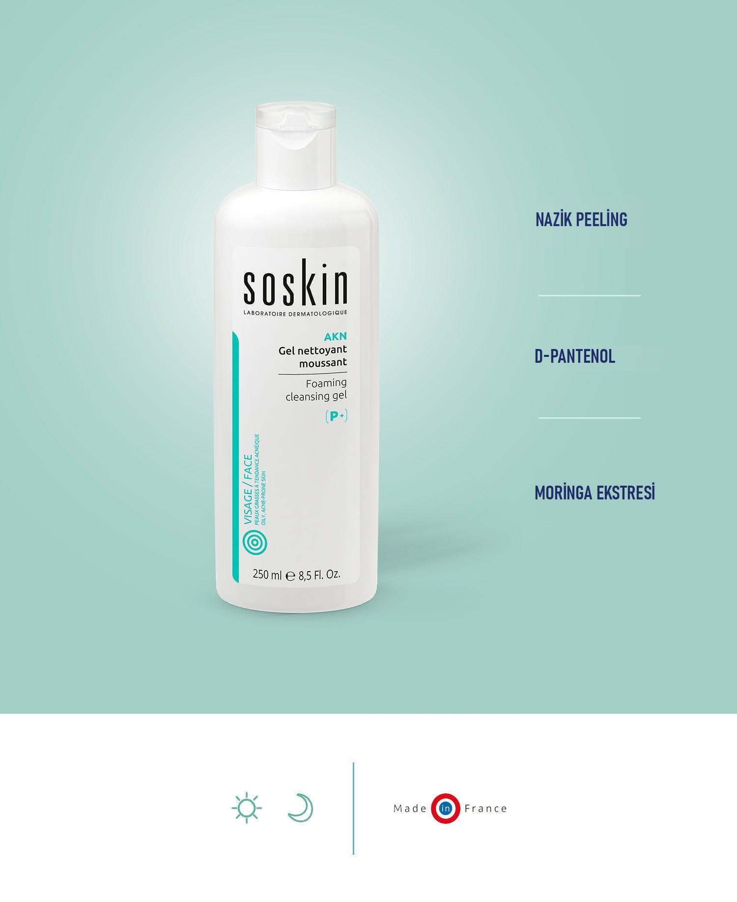 SOSKIN AKN Yağlı ve Akneli Ciltler için Jel Bazlı Yıkama Köpüğü 250 ml ürün ambalajı