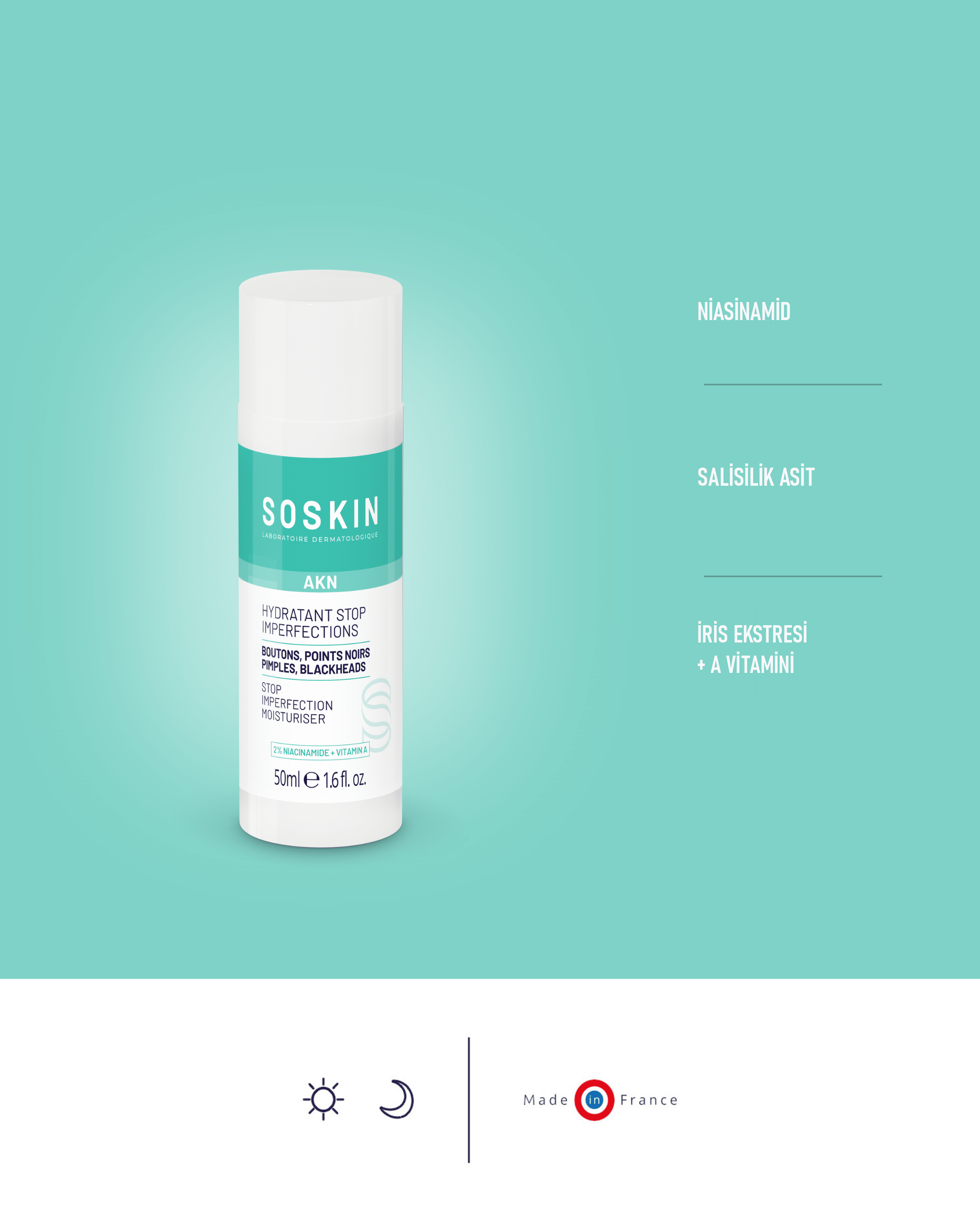 SOSKIN AKN Yağlı ve Akne Eğilimli Ciltler için Nemlendirici 50 ml aktif içerikleri