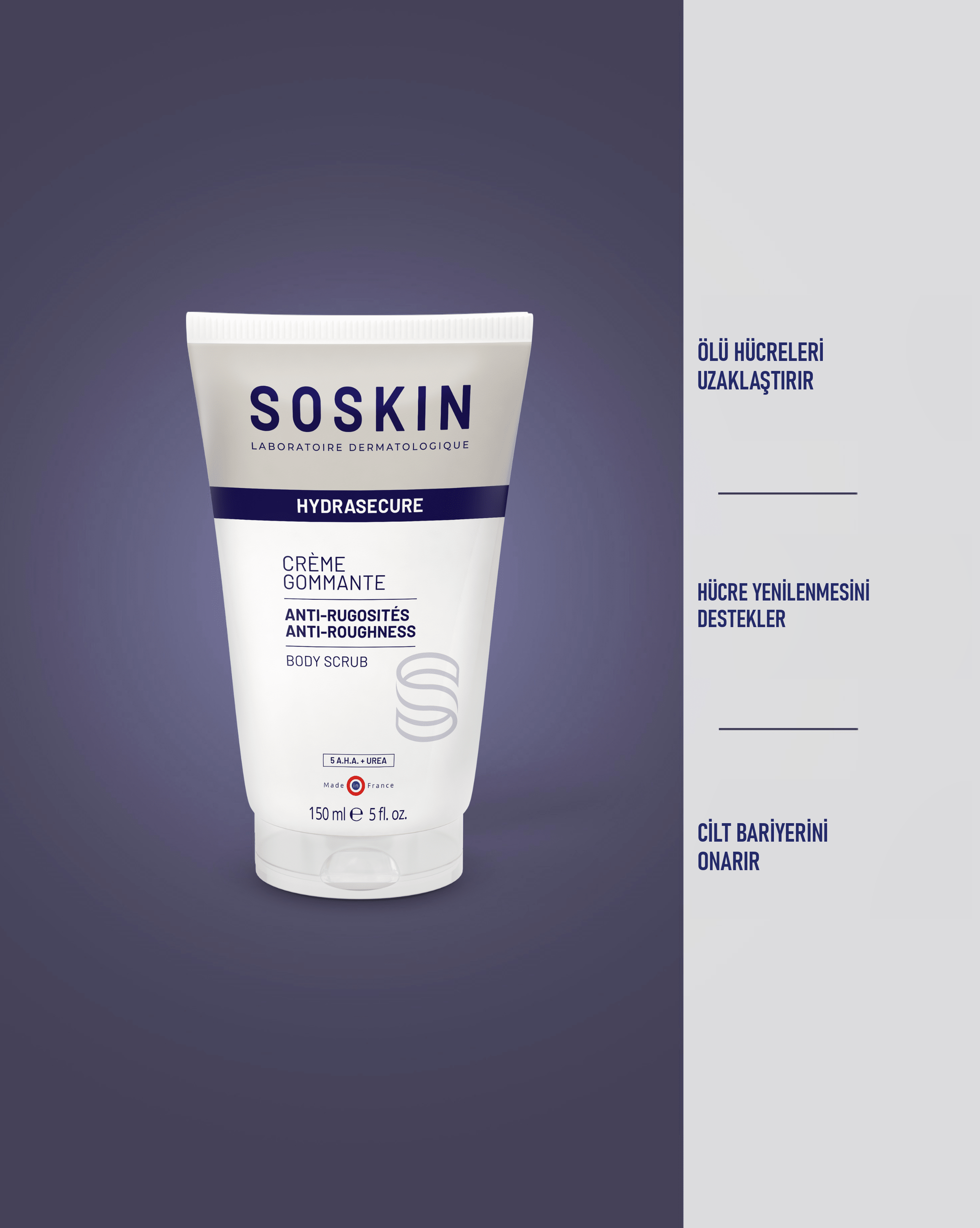 SOSKIN AHA Soyucu Etkili Vücut Peelingi 150 ml ürün ambalajı