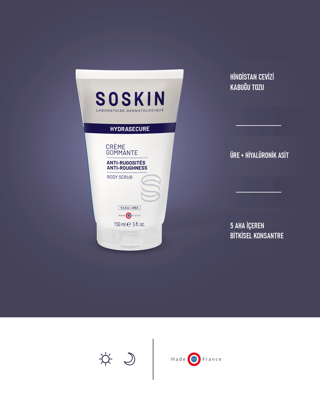 SOSKIN AHA Soyucu Etkili Vücut Peelingi 150 ml kullanım ve doku görünümü