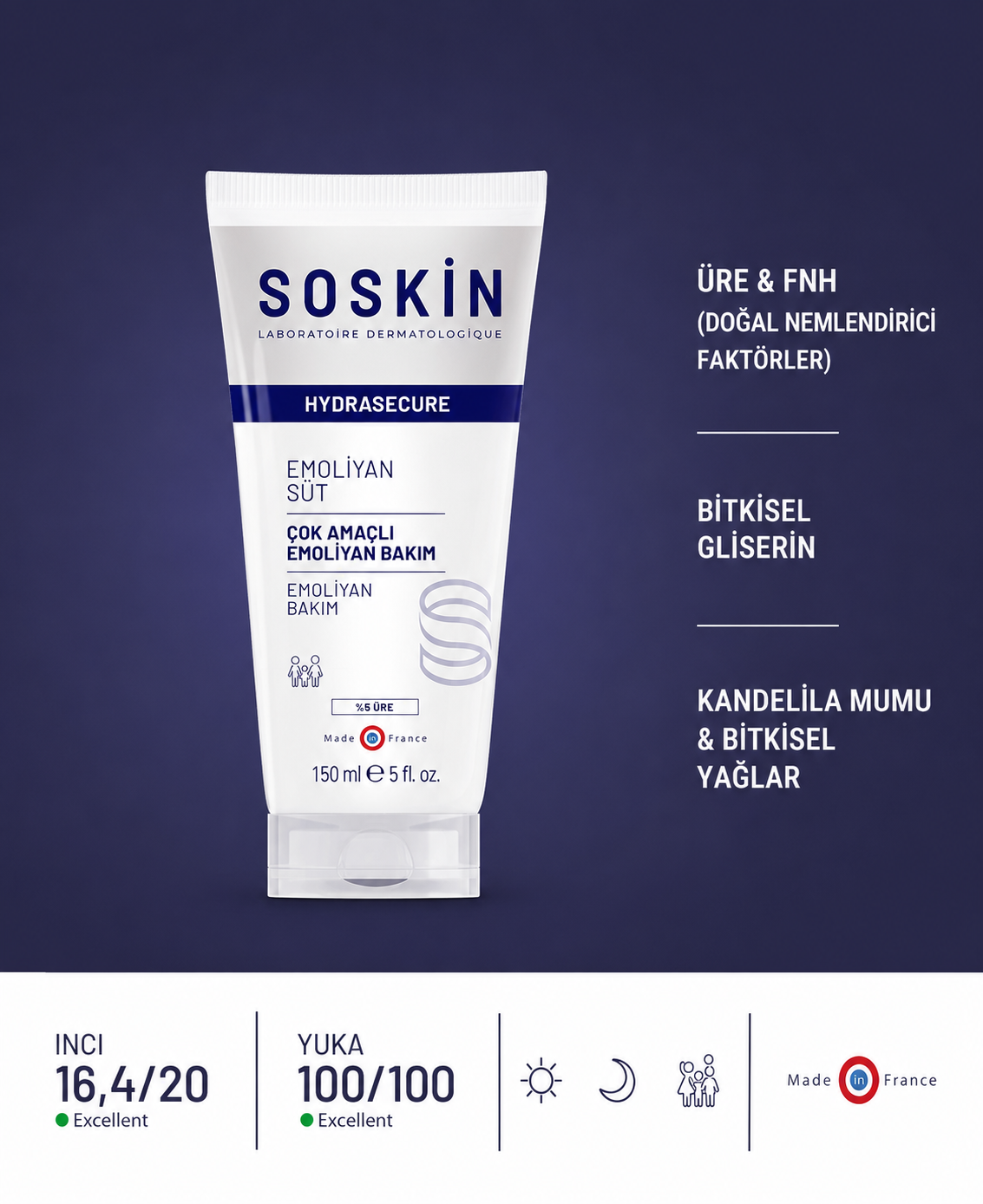 SOSKIN Hydrasecure Çok Amaçlı Yumuşatıcı Vücut Bakımı 150 ml ürün ambalajı