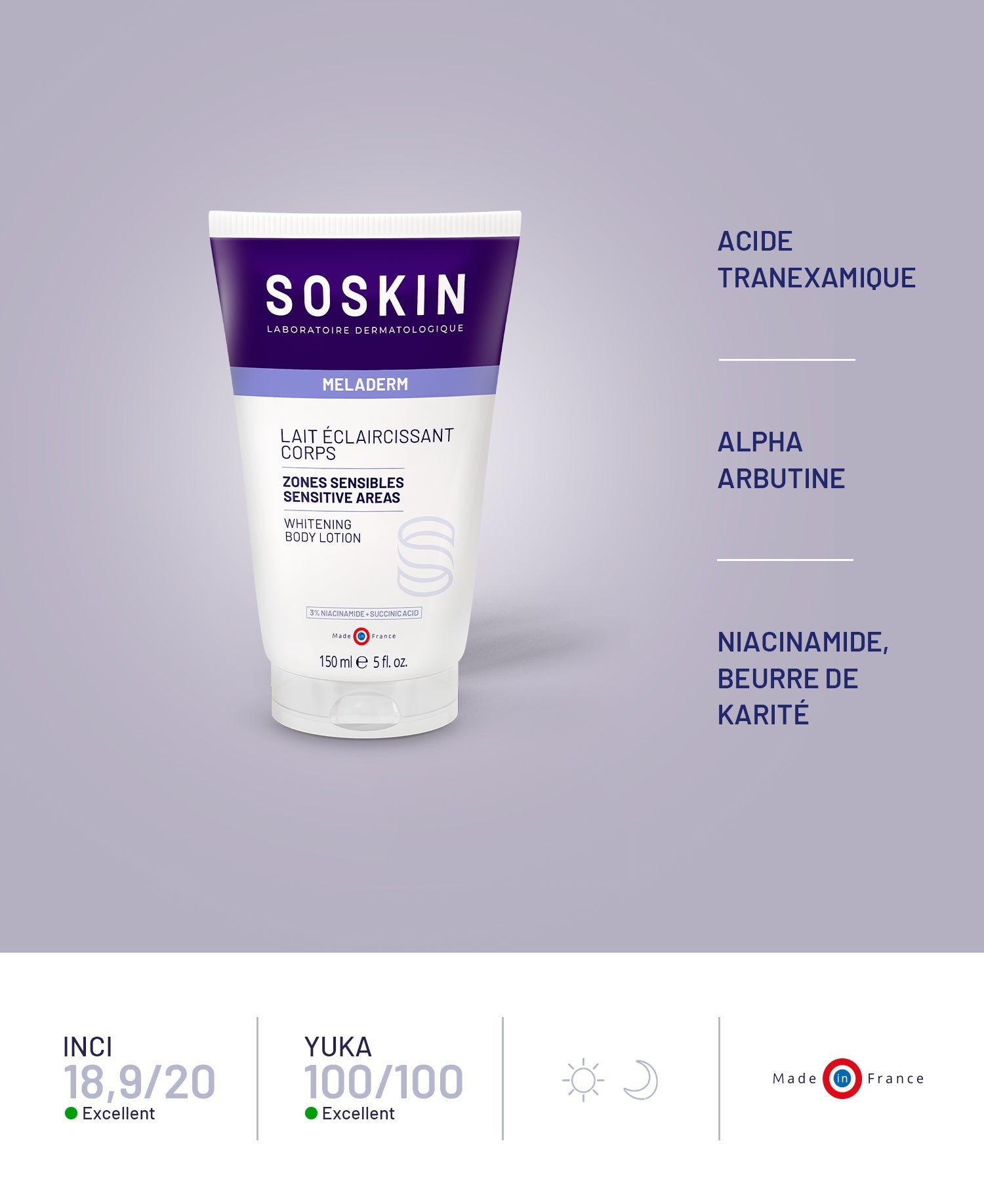 SOSKIN Beyazlatıcı Vücut ve Hassas Bölge Losyonu 150 ml ürün ambalajı