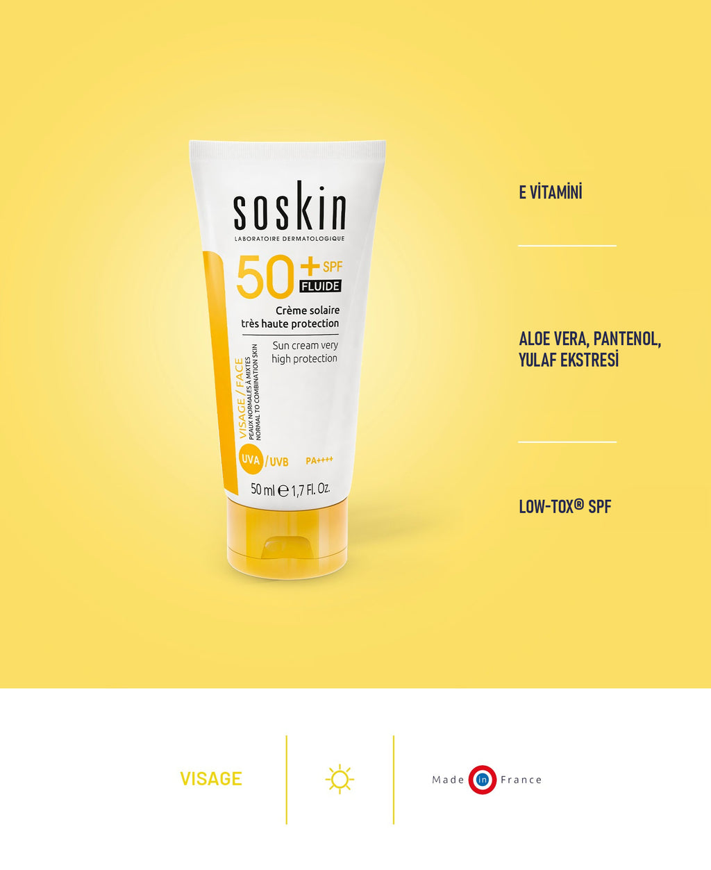 SOSKIN Yüz için Akışkan Güneş Kremi SPF50+ 50 ml ürün özellikleri