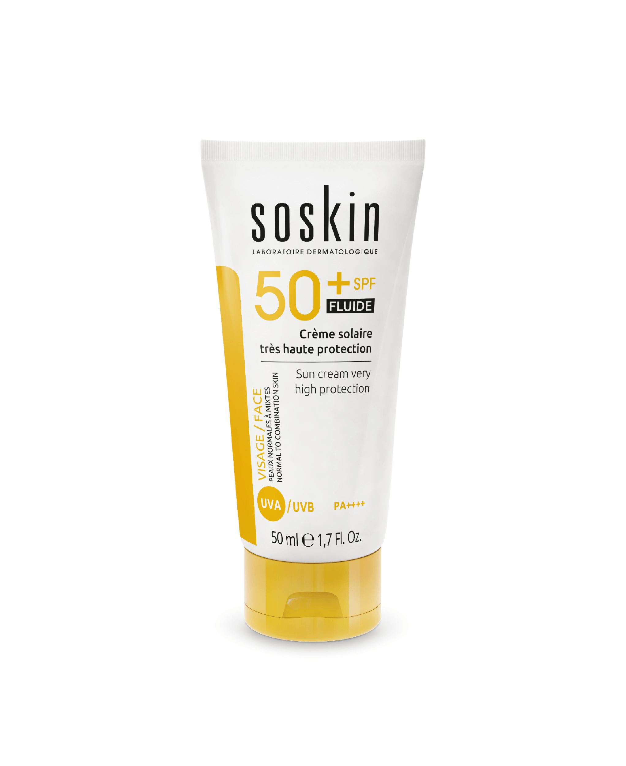 SOSKIN Yüz için Akışkan Güneş Kremi SPF50+ 50 ml ürün ambalajı