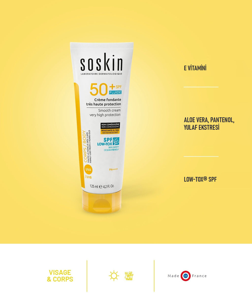 SOSKIN Yüz ve Vücut Güneş Kremi SPF50+ 125 ml içerikleri ve özellikleri