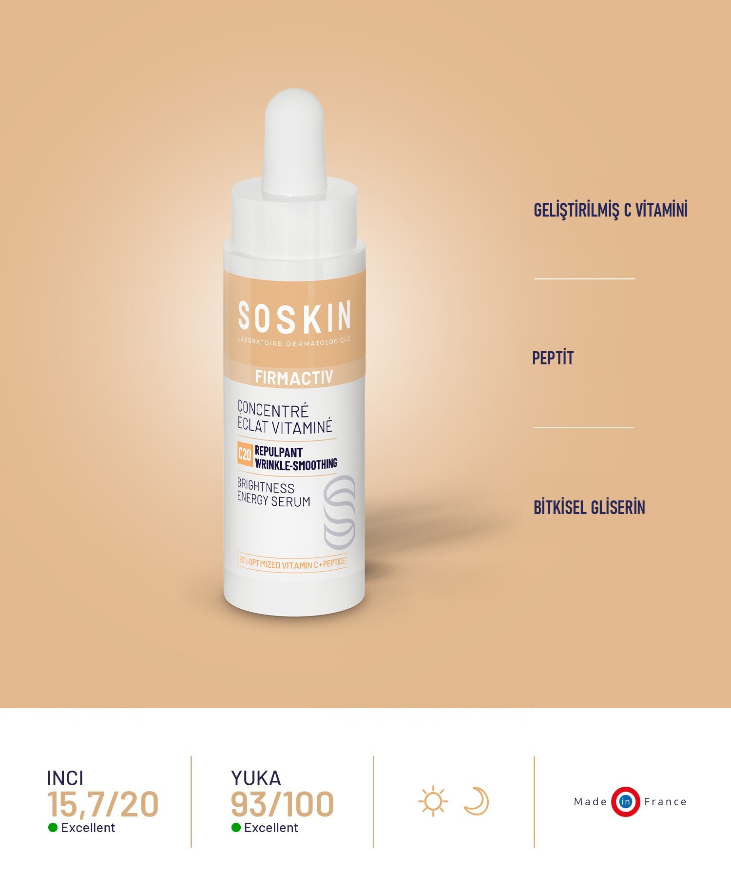 SOSKIN C20 Canlandırıcı Parlaklık Serumu 30 ml kullanım ve doku görünümü